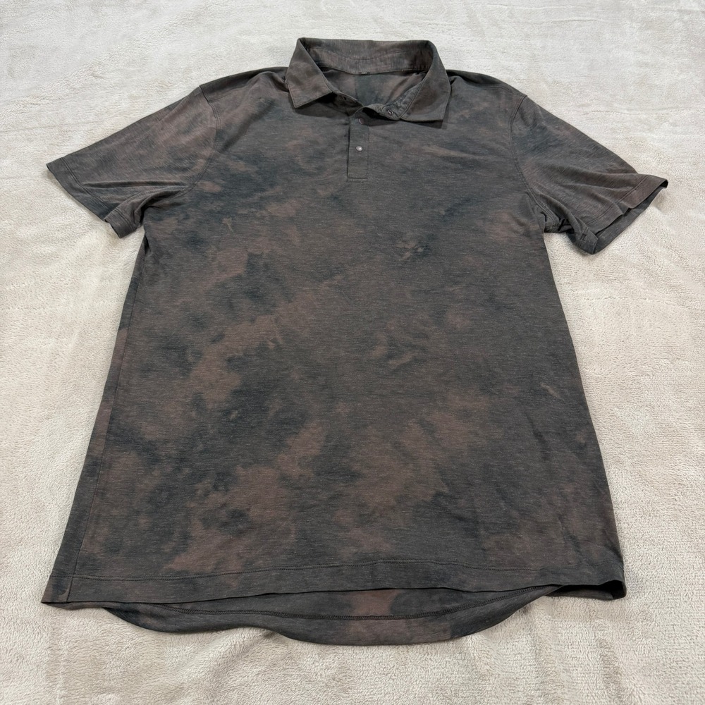 Lululemon Evolution Polo Shirt Mens Large Brown Tie Dye Snap Short Sleeve Casual